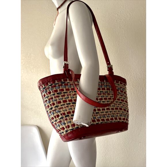 BRIGHTON Woven Red Leather Trim Tote Bag Heart Charm Paisley America RWB USA - Picture 4 of 16